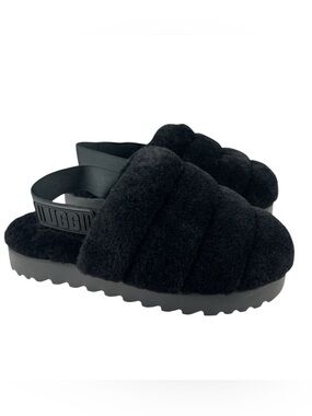 UGG Women’s Super Fluff Sheepskin Slippers Size 7 Black Fuzzy Slingback 1121751